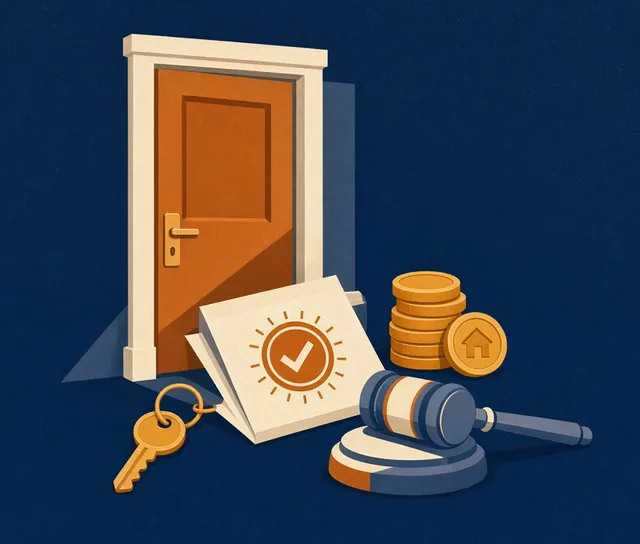 Illustration of an open orange front door with a house key, a signed lease marked with a check, a stack of gold coins and a judge's gavel on a dark blue background